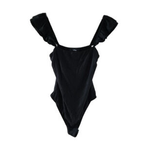 Lulus Repeat After Me Black Ruffle Bodysuit NWT Small